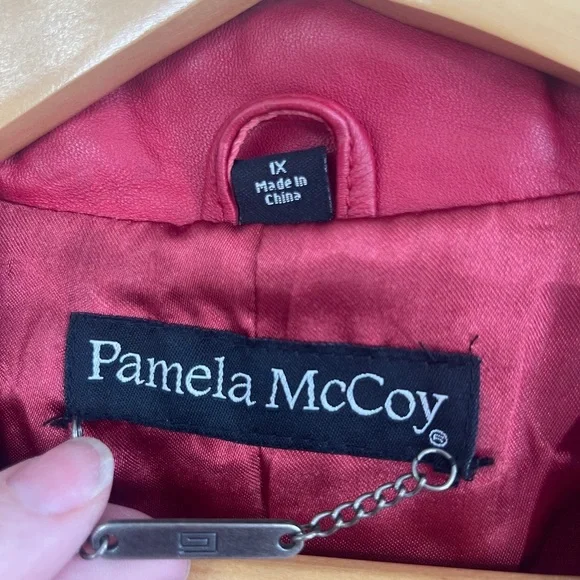 Pamela McCoy Jacket 1X Red Leather Button Front Pockets Lined - Picture 2 of 7